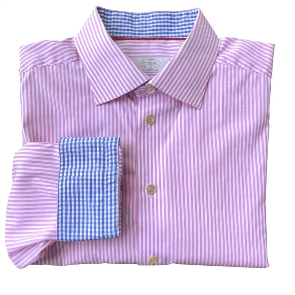 Eton Pink White Striped Contrast Cuff Blue Gingham Collar Dress Shirt 42/16 1/2